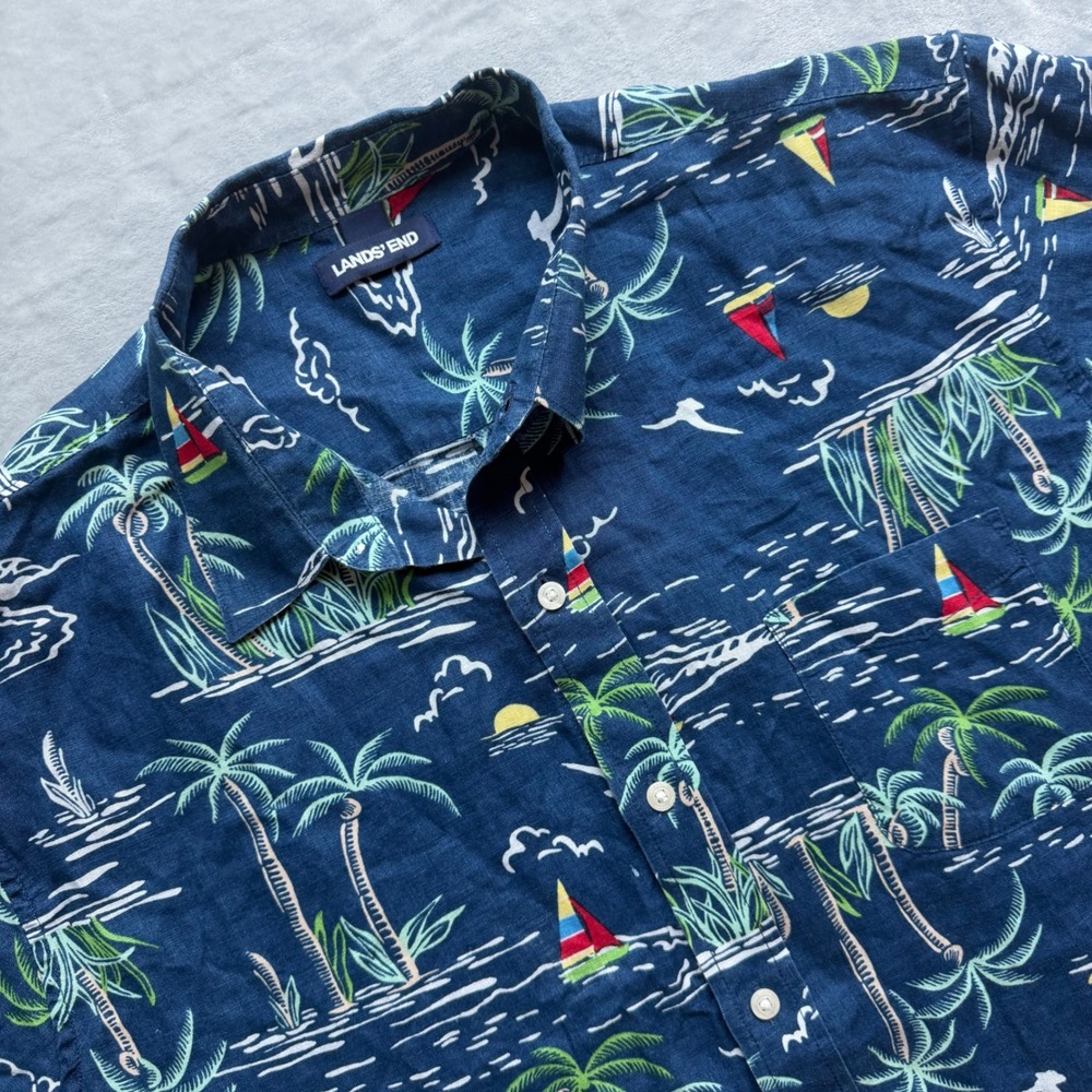 Lands' End Shirt Mens L Blue Tropical Palm Sailboat 100% Linen Button Up 517124